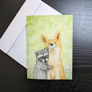 Carte de voeux amis de la forêt, créatures des bois aquarelles, carte de voeux raton laveur et renard, carte de voeux vierge 5 x 7, carte créatures des bois