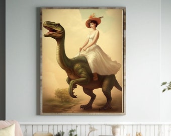 Retro Woman Riding Dinosaur Print: Whimsical Nursery Art (Digital Download)