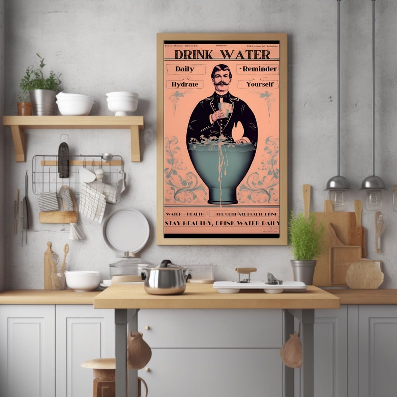 May include: A vintage-style poster with a man in a suit and top hat drinking water from a glass. The poster has the text "DRINK WATER" in large letters and the words "Daily Hydrate" and "Reminder Yourself" in smaller letters. The poster also has the text "WATER HEALTH, YOU CREATE HEALTH, DRINK STAY HEALTHY, DRINK WATER DAILY".
