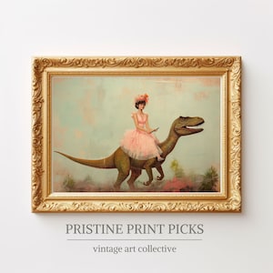 May include: A framed painting of a woman in a pink dress riding a green dinosaur. The woman is wearing a flower crown and holding a whip. The background is a light blue sky with clouds.