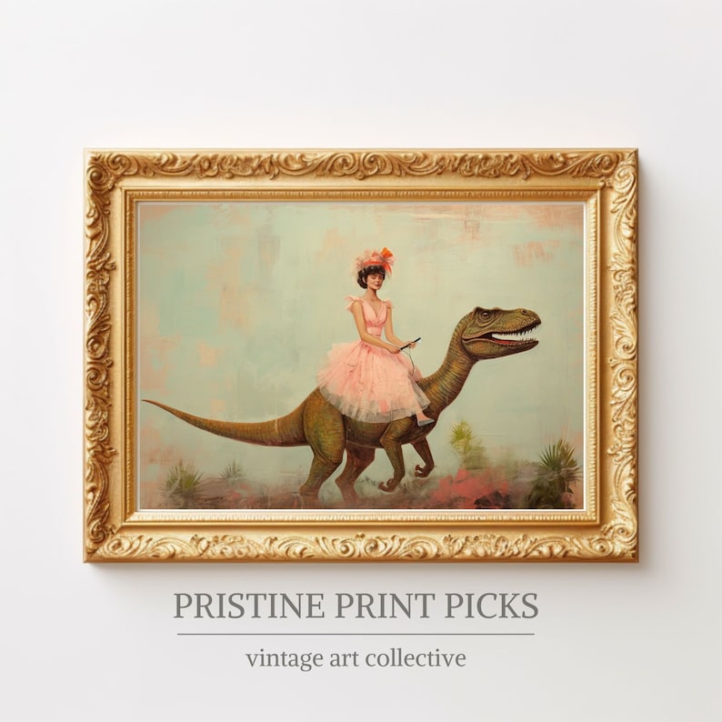 May include: A framed painting of a woman in a pink dress riding a green dinosaur. The woman is wearing a flower crown and holding a whip. The background is a light blue sky with clouds.