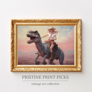 Retro Western Cowgirl Women Dinosaur Painting - Home Decor, Nursery, or Office - Digital Download and DIY Wall Art Print