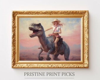 May include: A framed painting of a woman in a cowboy hat riding a blue dinosaur in a desert landscape. The painting has a gold frame.