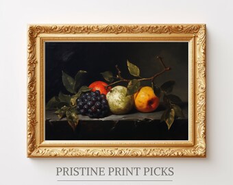 May include: A still life painting of a bunch of grapes, a red apple, a green apple, and a yellow apple with leaves on a dark background. The painting is framed in a gold frame.