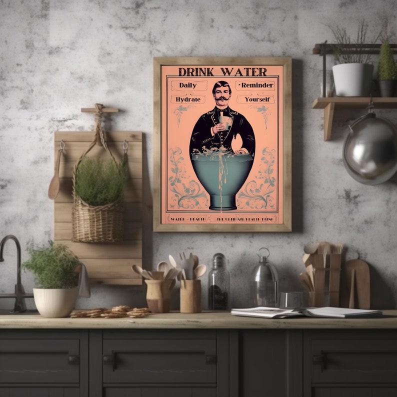 May include: A vintage-style poster with a peach background featuring a man in a black suit and a mustache holding a cup. The poster says "Drink Water" with the text "Daily Hydrate" and "Reminder Yourself" below. The man is standing in a large blue glass with water pouring out of it. The poster has a floral design around the glass.