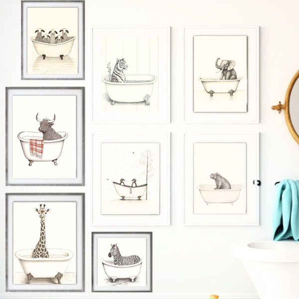 Whimsical Bathroom Wall Art Set | 8 Printable | Giraffe, Hippo & Sheep Prints | Kids Bathroom Decor | Vintage Bath Prints |