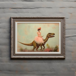 May include: A framed painting of a woman in a pink dress riding a green dinosaur. The woman is holding a whip and the dinosaur is walking on a path with green plants.