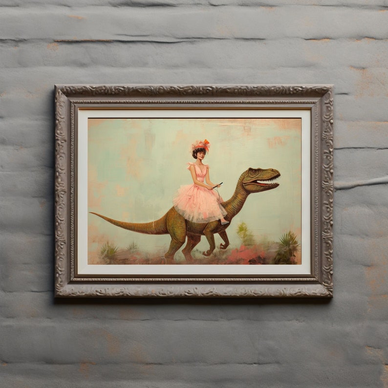 May include: A framed painting of a woman in a pink dress riding a green dinosaur. The woman is holding a whip and the dinosaur is walking on a path with green plants.