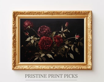 Vintage Dark Floral Print: Moody Botanical Oil Painting (Digital Art)