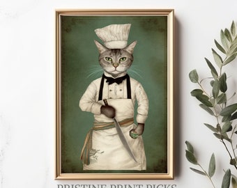 May include: A digital illustration of a cat dressed as a chef, wearing a white chef's hat and apron, holding a knife and a green vegetable. The cat is standing in front of a green background.