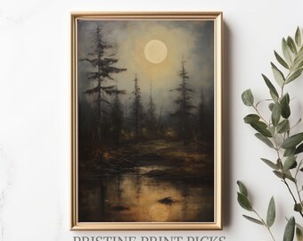 impression vintage forêt au clair de lune : art du paysage maussade (téléchargement numérique)