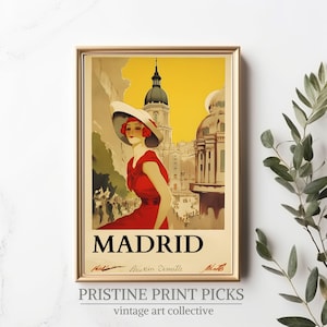 Póster vintage de la ciudad de Madrid: cautivadores monumentos de Madrid, arte vintage de Madrid, póster del paisaje urbano de Madrid