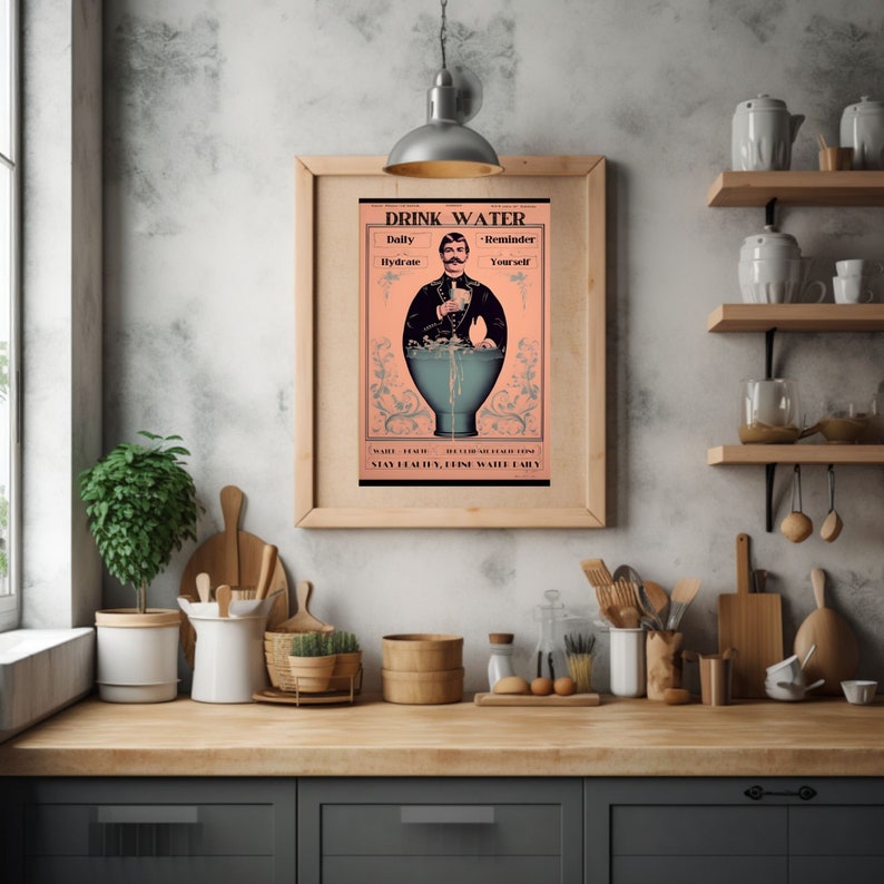 May include: A vintage-style poster with a pink background and a man in a suit holding a glass of water. The poster says "Drink Water" and "Daily Hydrate - Reminder Yourself". The poster also says "Stay Healthy, Drink Water Early".
