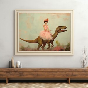 May include: A woman in a pink dress and a flower hat rides a green dinosaur. The dinosaur is walking on a light blue and pink background.