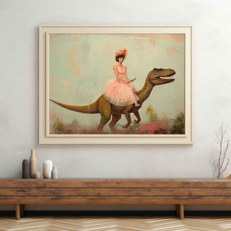 May include: A woman in a pink dress and a flower hat rides a green dinosaur. The dinosaur is walking on a light blue and pink background.