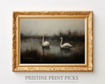 Vintage Swan Painting: Moody Autumn Landscape Art (Printable)