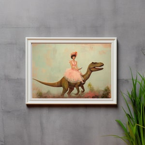 May include: A woman in a pink dress and a flower crown rides a green dinosaur in a whimsical painting.