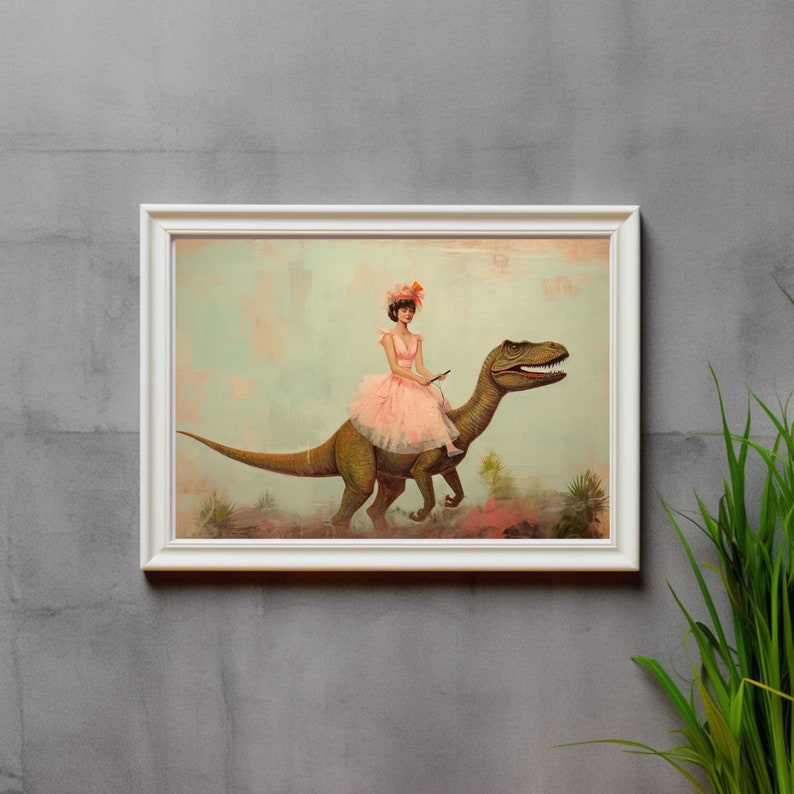 May include: A woman in a pink dress and a flower crown rides a green dinosaur in a whimsical painting.