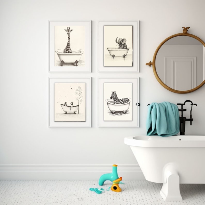 Whimsical Bathroom Wall Art Set 8 Printable Giraffe, Hippo & Sheep