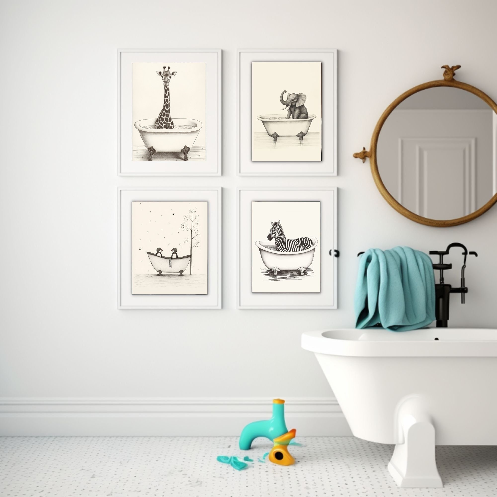 Whimsical Bathroom Wall Art Set 8 Printable Giraffe, Hippo & Sheep ...