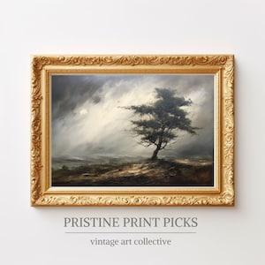 Könnte beinhalten: Ein gerahmtes Ölgemälde, das einen einsamen Baum auf einem Feld vor einem stürmischen Himmel zeigt. Der Baum ist vor den Wolken silhouettiert, und das Feld ist mit weichem, grünem Gras bedeckt. Das Gemälde ist in einem goldenen Rahmen mit verzierten Details gerahmt.