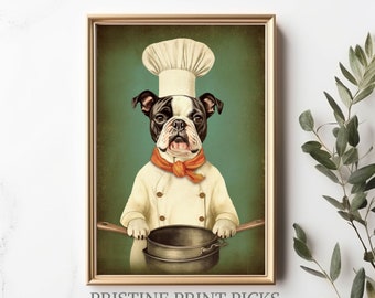 May include: A black and white Boston Terrier dog wearing a white chef's hat and a white chef's coat with an orange scarf. The dog is holding a black pot with a wooden handle.