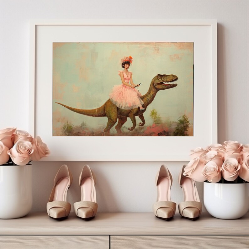 May include: A woman in a pink dress and flower crown rides a green dinosaur with a pink background.