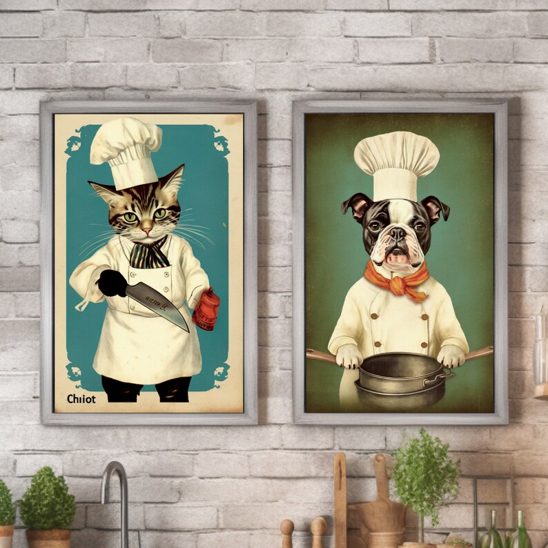 May include: Two framed prints featuring animal chefs. One shows a cat in a chef's uniform holding a knife and a spice shaker. The other depicts a dog chef holding a pot. Both are vintage-style illustrations.