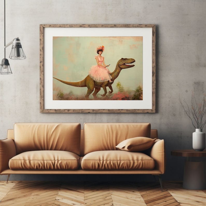 May include: A woman in a pink dress and flower crown rides a green dinosaur in a whimsical, painted scene.