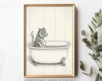Peut inclure: Une illustration en noir et blanc d'un tigre prenant un bain dans une baignoire à pieds. Le tigre est assis dans la baignoire, la tête tournée sur le côté. La baignoire est remplie d'eau et il y a un robinet sur le mur derrière le tigre.