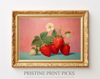 Strawberry Still Life Art Print: Retro Pink Kitchen Decor (Digital Download)