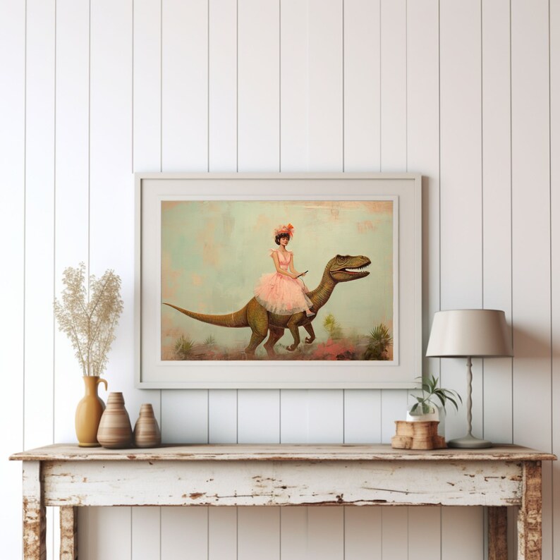 May include: A woman in a pink dress and a flower crown rides a green dinosaur with a blue sky in the background.