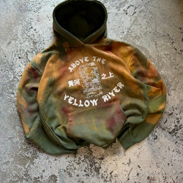 Customised hand-made hoodie, a very special 1 of 1 piece. Bleached and applique embroidered, Japanese inspires design by IceCream Embroidery