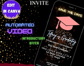 May include: A digital graduation invitation with a pink graduation cap and gold glitter. The text reads "Tiffany is Graduating" and "Save the Date".