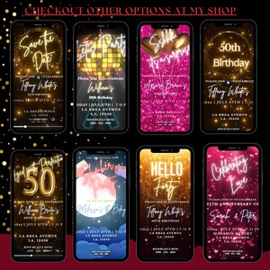 Pode incluir: Uma cole&ccedil;&atilde;o de nove maquetes de tela de telefone digital mostrando diferentes designs de convites de festa de anivers&aacute;rio. Cada design apresenta um tema &uacute;nico, incluindo "Save the Date", "Let's Party", "Shh it's a Surprise", "50th Birthday", "Aged to Perfection 50", "Slumber Party", "Hello Forty", e "Celebrating Love". Os designs incorporam glitter, luzes de n&eacute;on e outros elementos festivos.