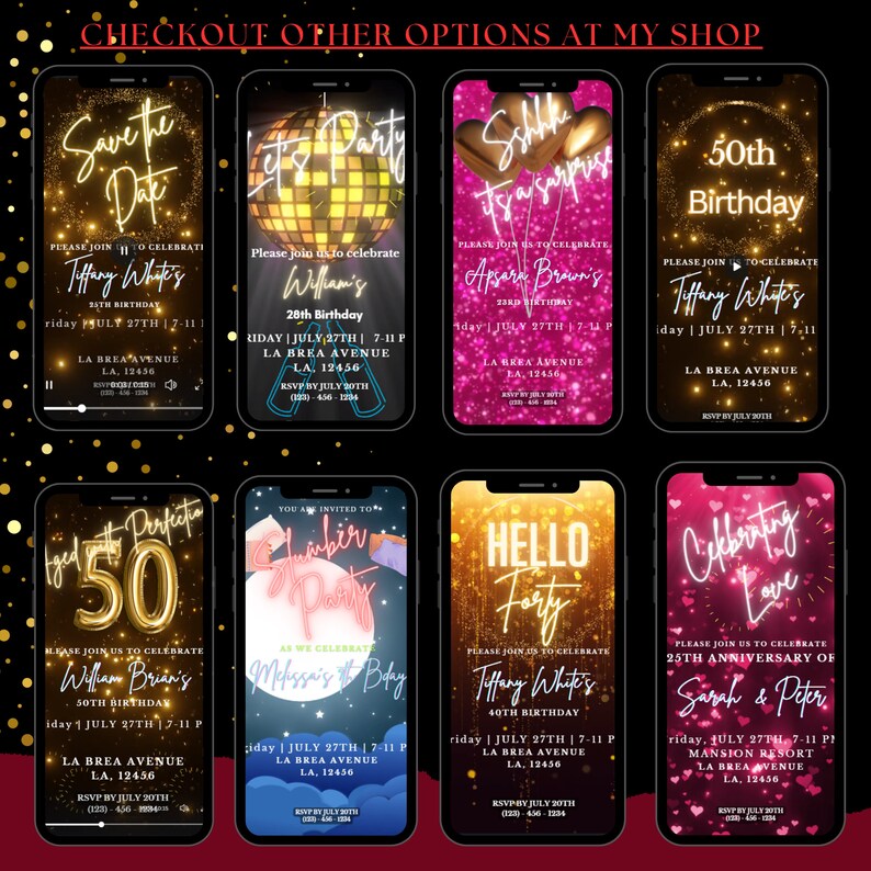 Pode incluir: Uma cole&ccedil;&atilde;o de nove maquetes de tela de telefone digital mostrando diferentes designs de convites de festa de anivers&aacute;rio. Cada design apresenta um tema &uacute;nico, incluindo "Save the Date", "Let's Party", "Shh it's a Surprise", "50th Birthday", "Aged to Perfection 50", "Slumber Party", "Hello Forty", e "Celebrating Love". Os designs incorporam glitter, luzes de n&eacute;on e outros elementos festivos.