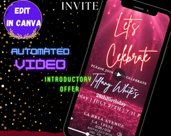 May include: A digital invitation for a 28th birthday party. The invitation is pink with gold glitter and the text "Let's Celebrate Tiffany White's 28th Birthday" in red and white. The invitation also includes the date, time, and location of the party.