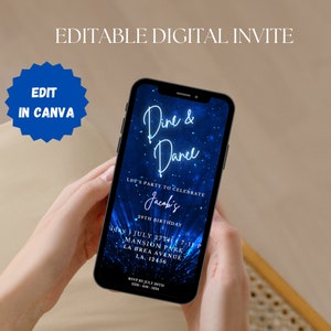 Pode incluir: Um convite digital para uma festa de anivers&aacute;rio de 29 anos com um fundo de noite estrelada azul e preto. O texto diz "Dine & Dance" e "Let's party to celebrate Jacob's 29th Birthday". O convite inclui a data, a hora, o local e as informa&ccedil;&otilde;es de RSVP.
