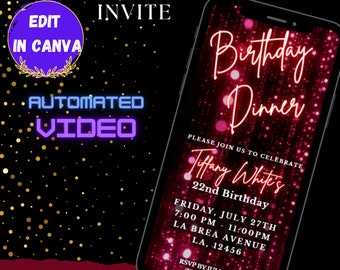 May include: Editable digital birthday dinner invitation with a pink and gold glitter background. The text reads "Birthday Dinner" and "Tiffany White's 22nd Birthday". The invitation includes the date, time, and location of the event. RSVP information is also included.