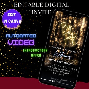 Pode incluir: Um convite digital para uma festa de aniversário de 40 anos. O convite apresenta um fundo de glitter dourado com um círculo contendo o texto "Big Forty" em uma fonte de escrita dourada. O texto "Por favor, junte-se a nós para celebrar o aniversário de 40 anos de William" está abaixo do círculo. O convite também inclui a data, a hora e o local da festa. O texto "RSVP até 20 de julho/0:08 (123)-456-1234" está na parte inferior do convite.