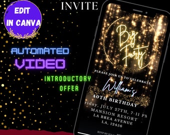 May include: A digital invitation for a 40th birthday party. The invitation features a gold glitter background with a circle containing the text "Big Forty" in a gold script font. The text "Please join us to celebrate William's 40th Birthday" is below the circle. The invitation also includes the date, time, and location of the party. The text "RSVP by July 20th/0:08 (123)-456-1234" is at the bottom of the invitation.