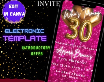 May include: Editable digital invitation template for a 30th birthday party. The template features a pink background with gold glitter and balloons. The text "Who's Turning 30" is displayed in gold letters. The invitation includes the birthday person's name, date, time, and location. RSVP information is also included.