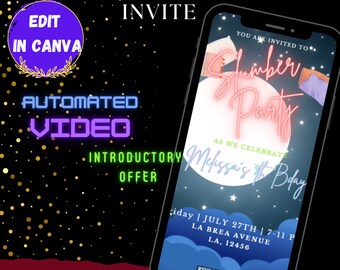 May include: A digital invitation for a slumber party with a blue and purple moon background, stars, and clouds. The text reads "You are invited to Slumber Party as we celebrate Melissa's 8th Bday Friday | July 27th | 7-11 p.m. La Brea Avenue LA, 12456 RSVP by July 20th (123)-456-1234"