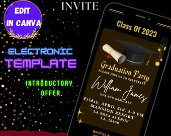 May include: A black and gold graduation party invitation with a black graduation cap and scroll. The text reads "Class of 2023", "Graduation Party", "Please join us to celebrate", "William James", "Our New Graduate", "Friday, April 3rd, 5-9 PM", "Mansion Resort", "La Brea Avenue", "LA, 12456", "RSVP By April 1st", "(123)-456-1234".