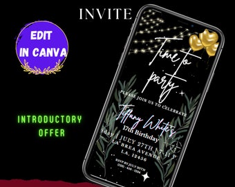 Peut inclure: Invitation numérique modifiable pour une fête de 17e anniversaire. L'invitation présente un fond noir avec des ballons dorés, des lumières blanches et des feuilles vertes. Le texte "Time to party" est écrit en cursive blanche. L'invitation comprend le nom de la fille d'anniversaire, la date, l'heure et le lieu. Les informations de RSVP sont également incluses.