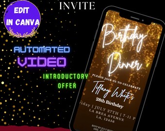 May include: Editable digital birthday dinner invitation template with a gold glitter background and neon text. The text reads "Birthday Dinner" and "Tiffany White's 28th Birthday". The invitation includes the date, time, location, and RSVP information.