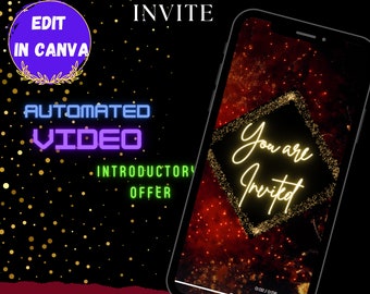 May include: A smartphone screen displaying a video invitation with a gold glitter background and the text "You are Invited" in a gold neon font.