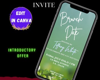 May include: Editable digital invite for a brunch date hosted by Tiffany White to celebrate her 31st birthday. The invite features a green and white floral background with the text "Brunch Date" in a handwritten font. The date and time of the event are listed as Friday, July 27th, 11-1 PM at La Brea Avenue, LA, 12456. The RSVP deadline is July 20th.