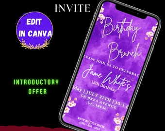May include: Purple digital invitation for a birthday brunch with white text that reads "Birthday Brunch" and "Jame White's 18th Birthday". The invitation includes the date, time, and location of the event.  RSVP information is also included.