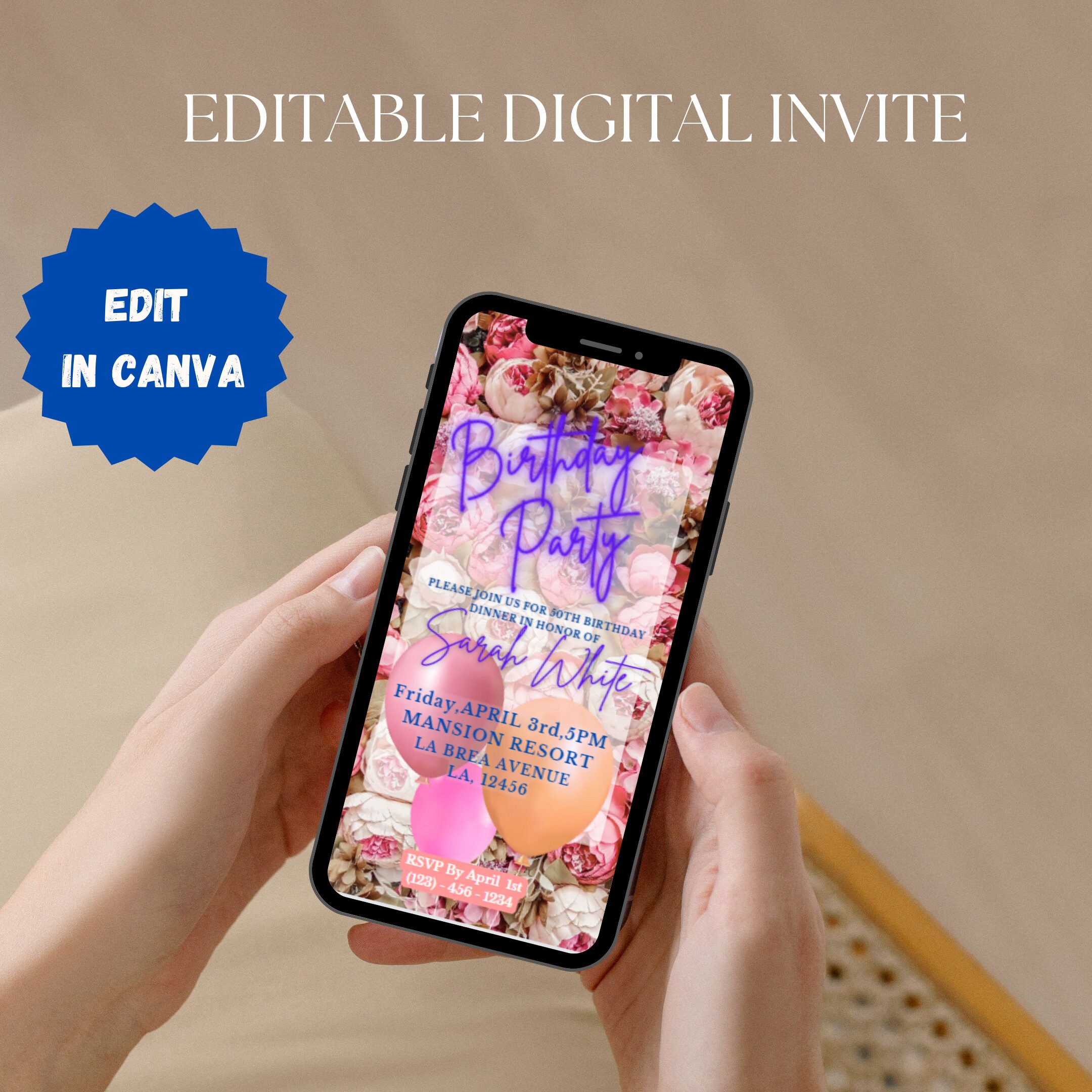 EDITABLE Digital Roses BIRTHDAY Party Invite E-invites Mobile Text ...